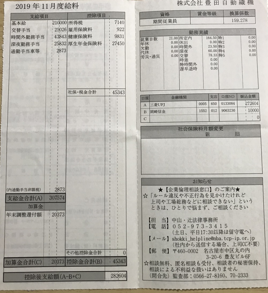 2019年11月の豊田自動織機の給料明細